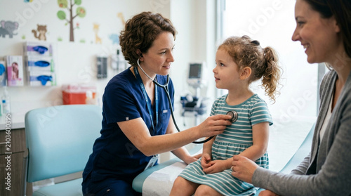 Pediatrician examining a young girl with a stethoscope, mother present