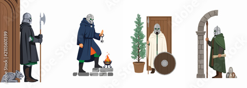 Fotografía Set of fantasy character designs featuring undead guardians, mages, and sentries with skull masks and medieval weaponry on a white background