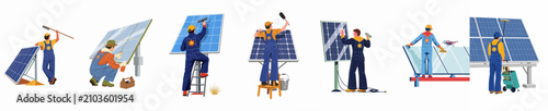 Illustration set of professional workers cleaning and maintaining solar panels, depicting various maintenance tasks for renewable energy and sustainable power systems.