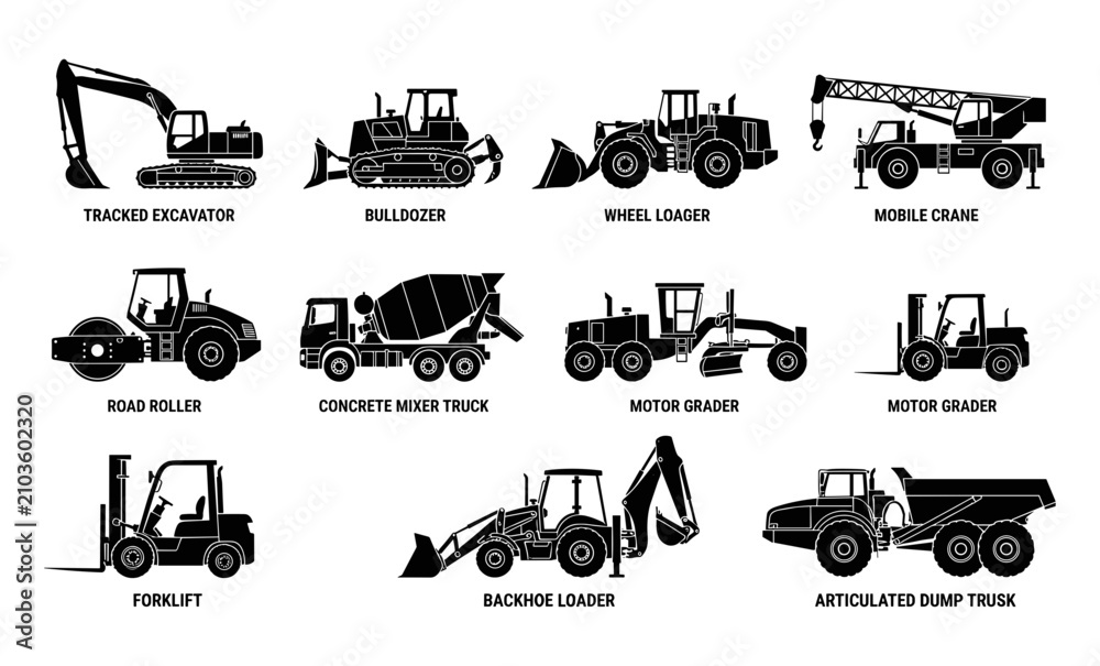 Obraz premium Construction Vehicles Including Excavators, Bulldozers, Loaders, and Trucks in Black and White