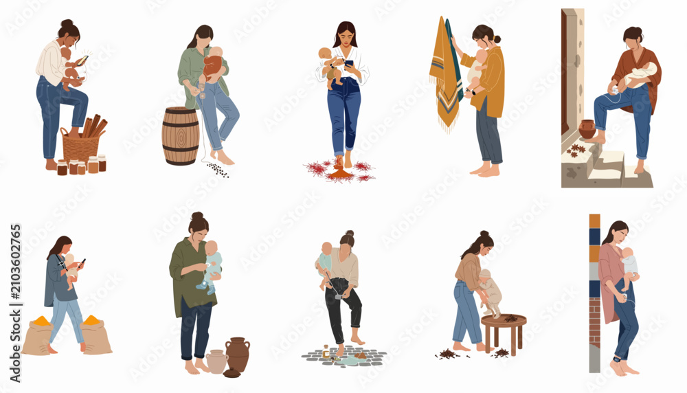Obraz premium Illustration set of modern mothers multitasking, caring for infants while using smartphones, working with spices, and managing health with medical devices.