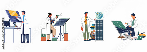 Bild auf Leinwand A diverse team of scientists and engineers researching and developing solar panel technology for renewable energy solutions in a flat vector illustration style