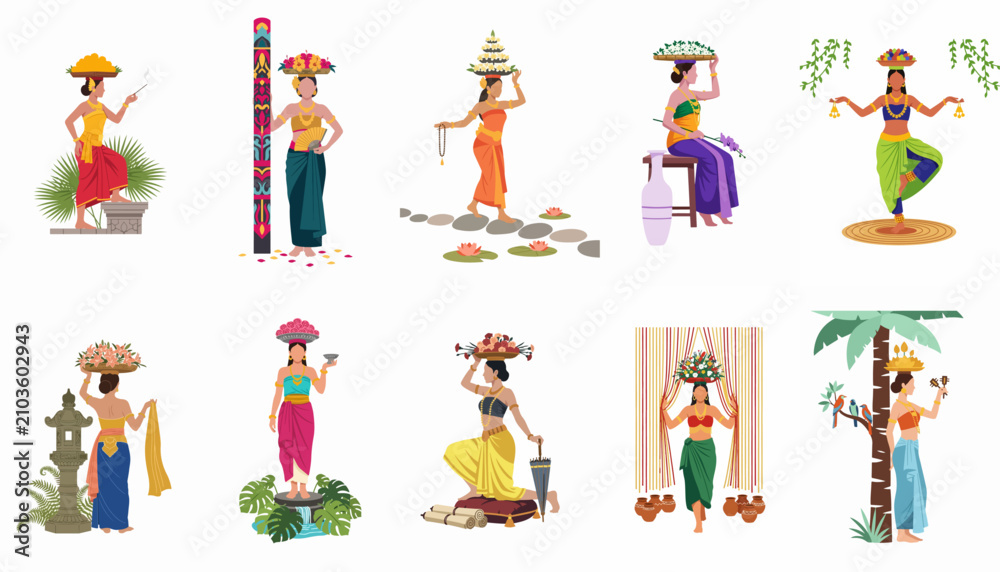 Fototapeta premium Vector Illustration Set of Balinese Women in Traditional Costumes Carrying Offerings and Dancing in Cultural Settings