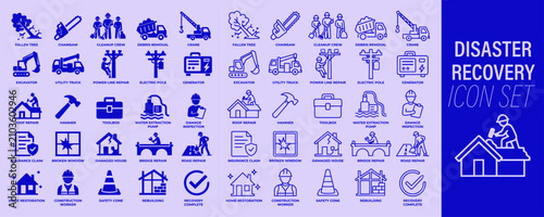 Foto Disaster recovery icon set with emergency response, infrastructure restoration a