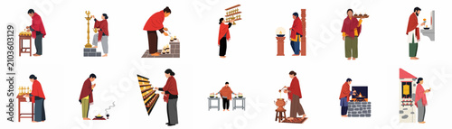 Konstfotografi Flat vector set of people in traditional attire performing religious rituals, lighting butter lamps, and praying in a spiritual Buddhist context