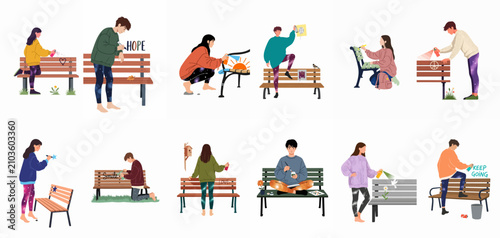 Cuadro en lienzo Collection of diverse young characters decorating public park benches with graffiti, street art, and inspirational messages in a modern flat illustration style