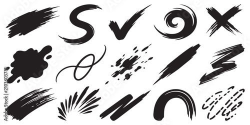 Obraz na plátně Set of black artistic paint strokes and design elements featuring creative scribbles splashes and abstract ink shapes