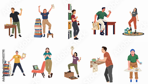 Fotografie A collection of diverse people celebrating and playing tabletop role-playing games with dice, maps, and miniatures in a flat illustration style