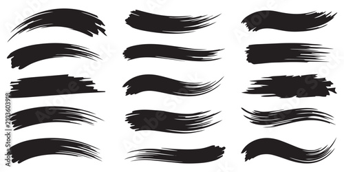 Set of diverse black brush strokes and paint splatters creating dynamic artistic elements for design purposes.