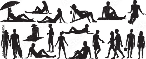 Beach people silhouette set, summer vacation tourists surfing walking relaxing vector design