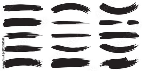 Horizontal black ink brush strokes pack with dry texture for underline highlighting and artistic banner design elements.