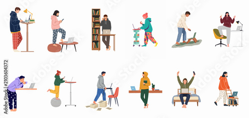 Schilderij op canvas Diverse people working and studying from home in pajamas and hoodies, using laptops at various creative home office setups, flat vector illustration