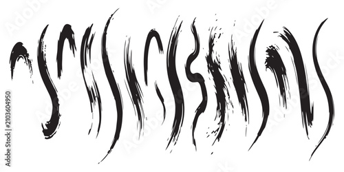 Vector collection of long thin wavy ink brush strokes isolated on white background for creative graphic design projects.