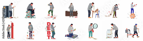 Cuadro en lienzo Set of illustrations depicting a young man struggling with financial debt, poverty, unpaid bills, and bankruptcy in various situations on a white background