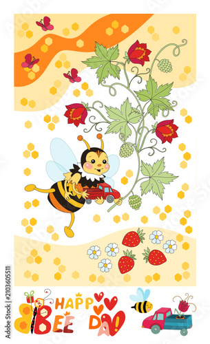Birthday greeting card with cute little bee with toy car and bouquet of flowe...