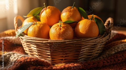 A basket filled with fresh, ripe oranges with green leaves, placed on a textured fabric under warm lighting.