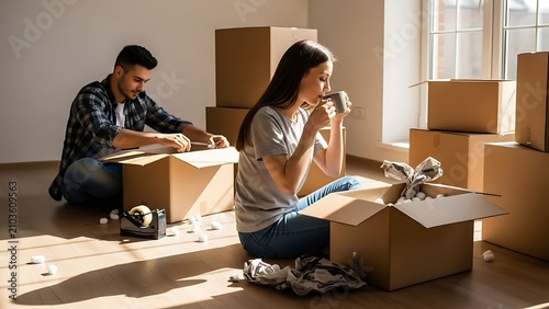 Couple unpacking boxes in new home together.