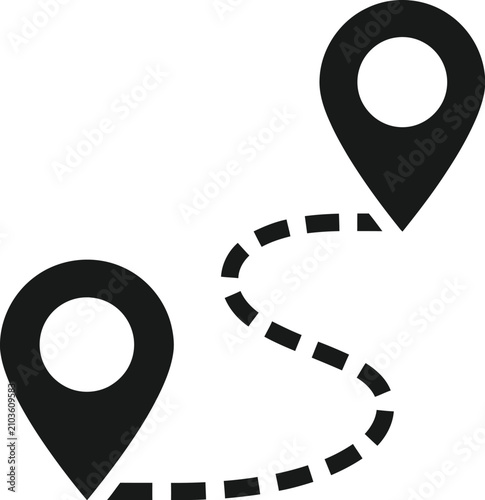 Minimalist black location map pins connected by a simple dashed line