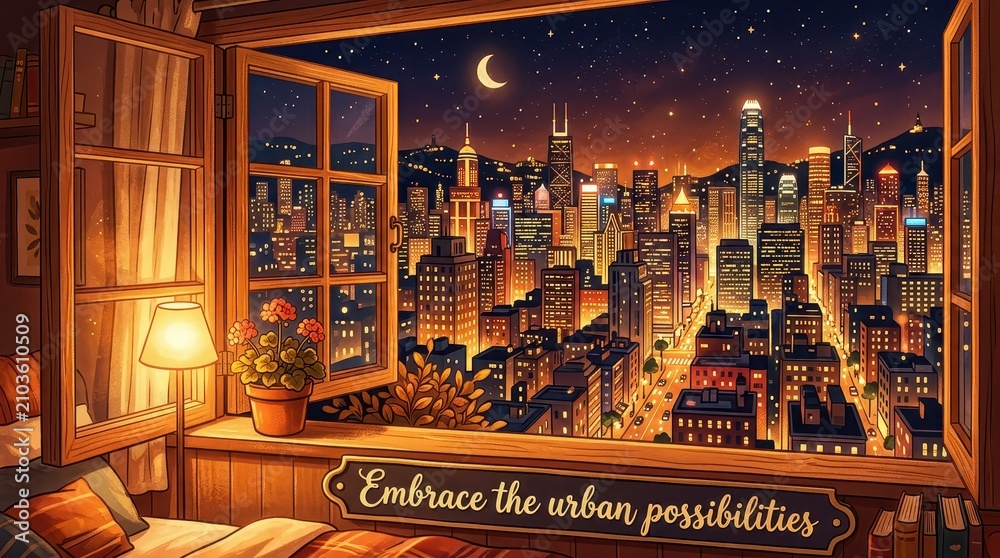 Obraz premium Cozy bedroom view of a vibrant cityscape at night through an open window, warm interior lighting, urban possibilities