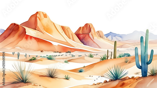 Watercolor Illustrations of Dromedary Camels and Desert Mountain Landscape on White Background
