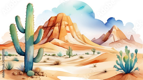 Watercolor Illustrations of Dromedary Camels and Desert Mountain Landscape on White Background