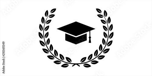 Laurel Wreath and Graduation Cap Vector Logo – Education, Graduation Ceremony, Academic Honor, School Achievement and Certification Concept. Academic Achievement, Education Excellence, University 