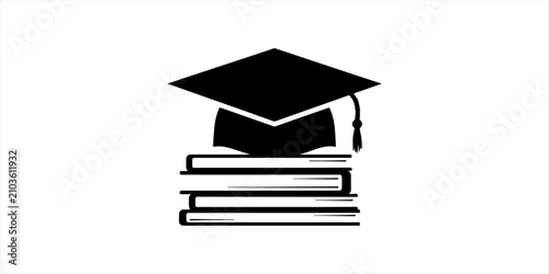 Graduation Cap on Book Stack Silhouette Icon, Education, Academic Learning and Student Success Vector
Stack of Books with Graduation Cap Black Silhouette Vector Icon, University Education and Knowledg