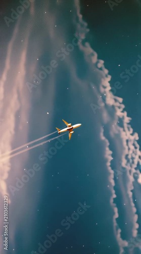 Airplane flying high above in the deep blue sky leaving long white condensation trails in this cinematic motion video clip for travel and aviation projects