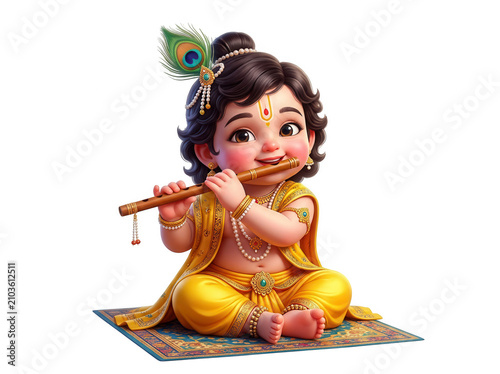 Little Krishna playing bamboo flute isolated on transparent background