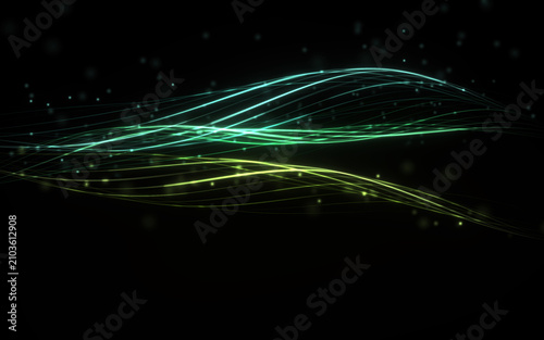 A dynamic abstract digital artwork featuring glowing light waves moving from left to right against a dark background