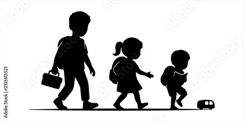 Back to school children silhouette vector collection featuring primary students walking running carrying backpacks isolated on white background. School kids walking with backpacks water bottles .