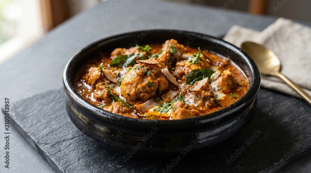 Obraz premium Kerala-style chicken curry with fried coconut, served in a black ceramic dish on a grey backdrop.