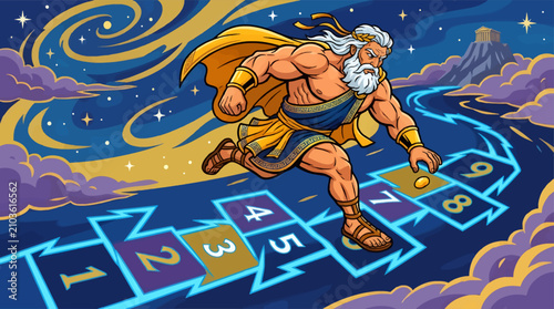 Cuadro en lienzo Muscular Zeus Playing Hopscotch on a Cosmic Path with Stars and Clouds, Greek My