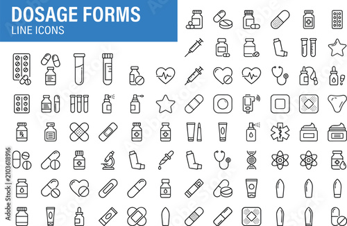 Foto Pharmaceutical medical dosage forms line icon collection featuring pills capsule