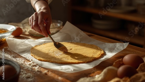 Savoyardi cookie batter for tiramisu rests on parchment, while a woman uses a spoon to spread it.