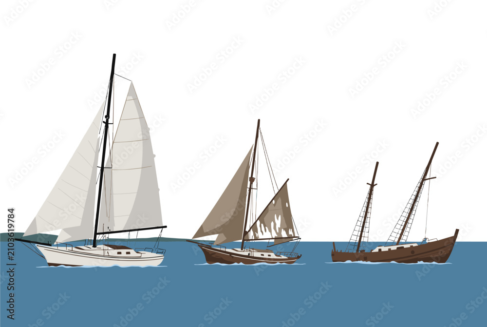 Fototapeta premium Serene scene featuring three different sailboats gliding on the calm blue water under a clear sky for maritime and travel themes.