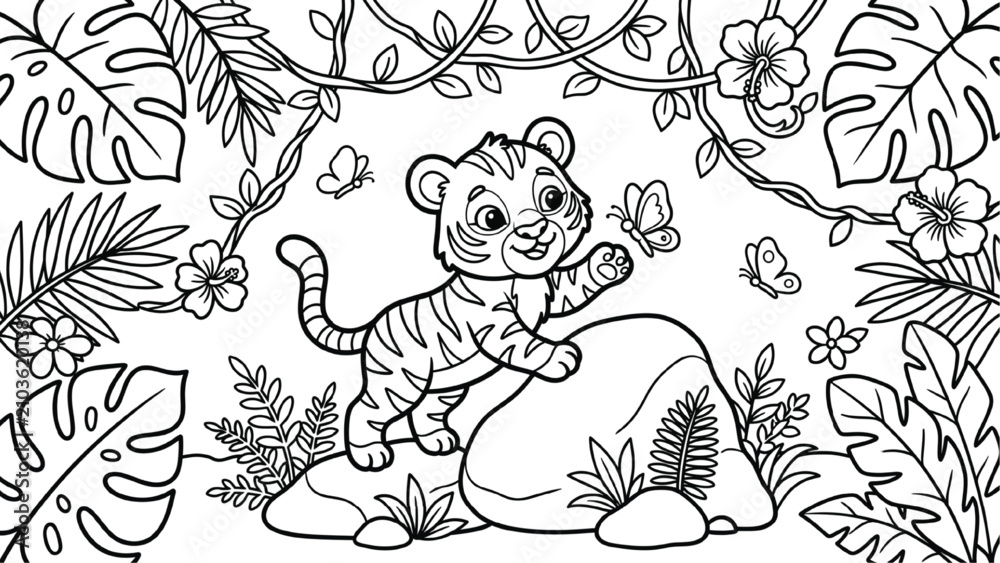 Fototapeta premium Cute Baby Tiger Cub Jungle Coloring Book Page with Flowers Butterflies and Tropical Plants Vector Illustration