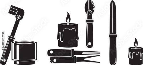 Schilderij op canvas Black silhouette candle making tools and equipment set, wax melting pot and burn