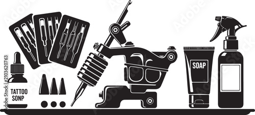 Bild auf Leinwand Professional tattoo equipment set with machine and needles, black and white tatt