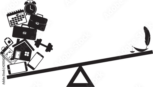 Work life balance concept vector, heavy pile of life responsibilities on seesaw, feather outweighing work and stress icons on scale