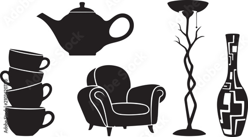 Black silhouette home decor icons set, vintage furniture and tea service vector elements, elegant armchair and floor lamp interior design graphics