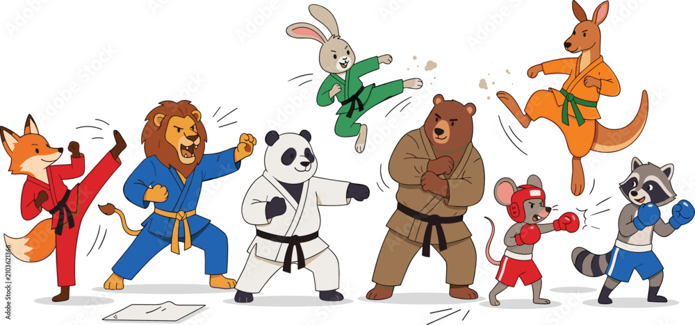 Fototapeta premium Cute Cartoon Martial Arts Animals Character Set with Panda Fox Lion Bear and Rabbit Practicing Karate Taekwondo Judoka and Boxing for Kids Graphic Designs