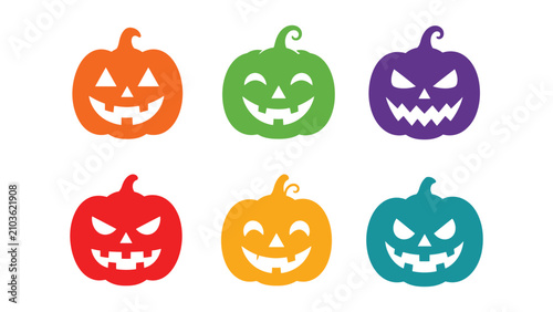 Minimal Jack-o'-Lantern Halloween Icon Set - Flat Solid Color Pumpkin Vector Collection