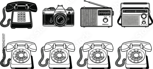 Foto Vintage communication and technology vector illustration set featuring retro rot