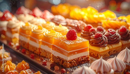 Close-up of delicious layered mini cakes topped with fresh raspberries on a bakery display.