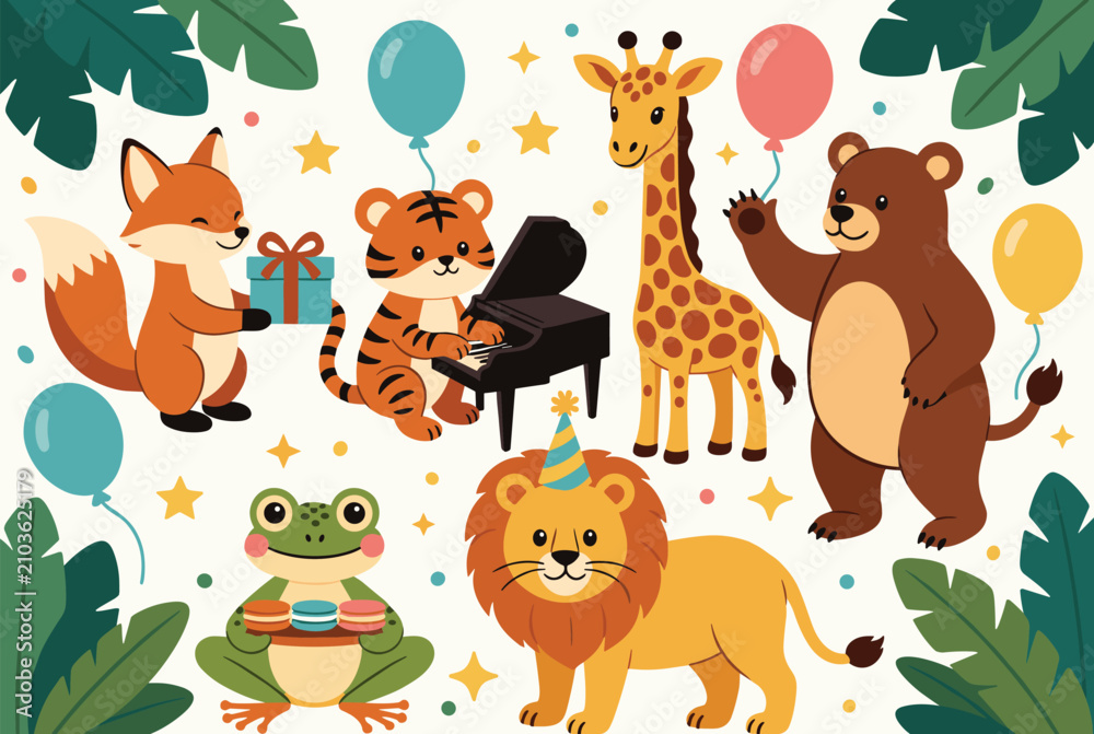Naklejka premium Fun group of cute cartoon animals celebrating together with colorful balloons, sweet treats, and a piano performance in the jungle.