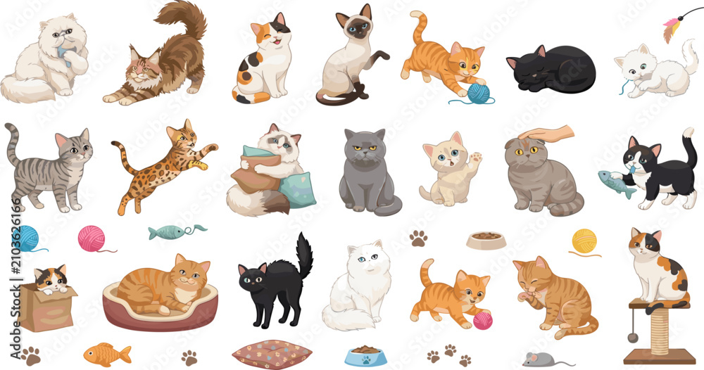 Obraz premium Cute Cartoon Cat Character Vector Set Featuring Siamese Persian Tabby Bengal and Tuxedo Kittens with Playful Toys Beds and Pet Care Accessories