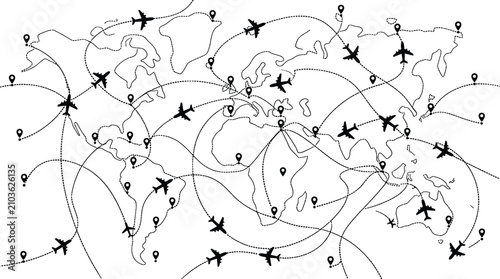 Konstfotografi World map vector illustration with global flight routes airplane silhouettes and