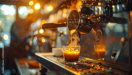 Espresso pouring from a professional machine into a glass cup in a warm cafe.