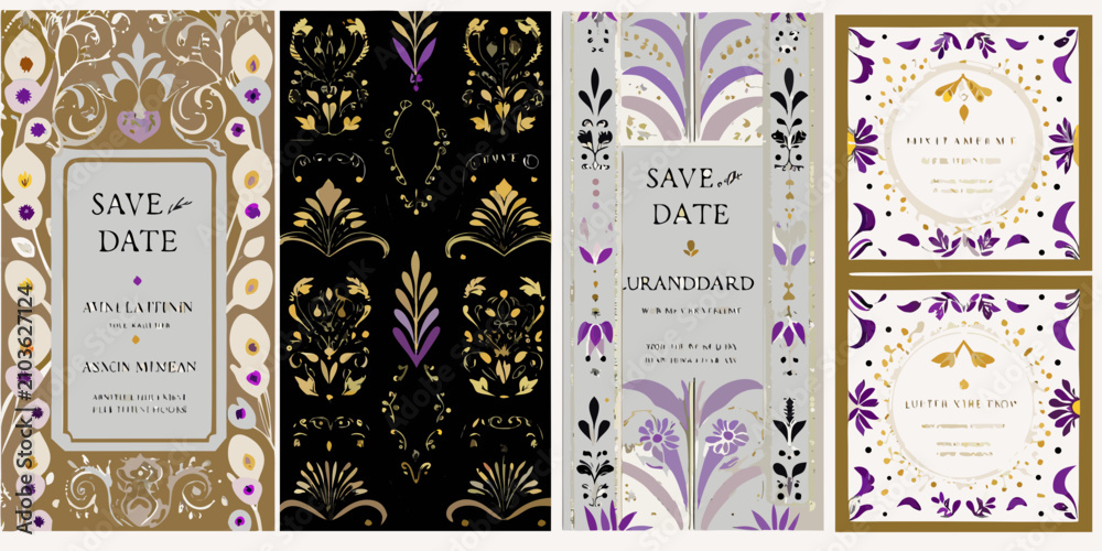 Obraz premium invitation cards with art nouveau floral patterns and elegant text art nouveau save date ornate design purple gold black white vector illustration